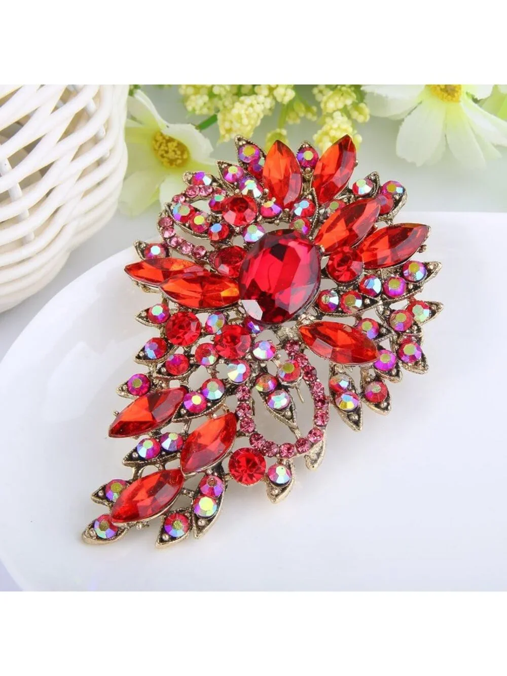 Elegant Austrian Crystal Flower Leaf Bouquet Brooch for Weddings & Special